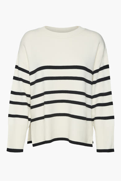 Beige trui met zwarte strepen van VERO MODA, relaxte pasvorm met lange mouwen.