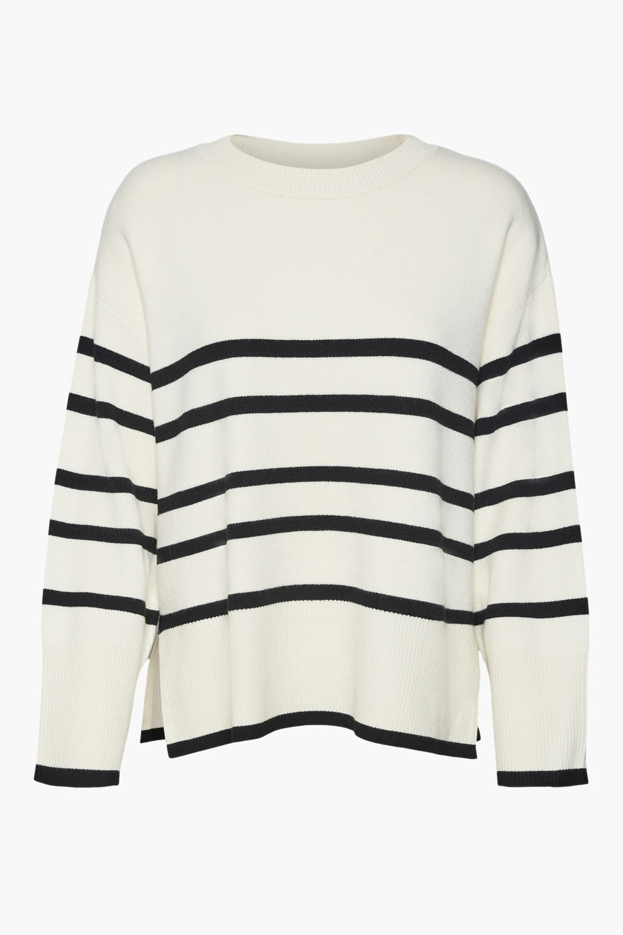 Beige trui met zwarte strepen van VERO MODA, relaxte pasvorm met lange mouwen.
