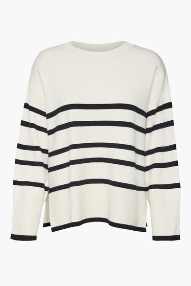 Beige trui met zwarte strepen van VERO MODA, lange mouwen, losse pasvorm.