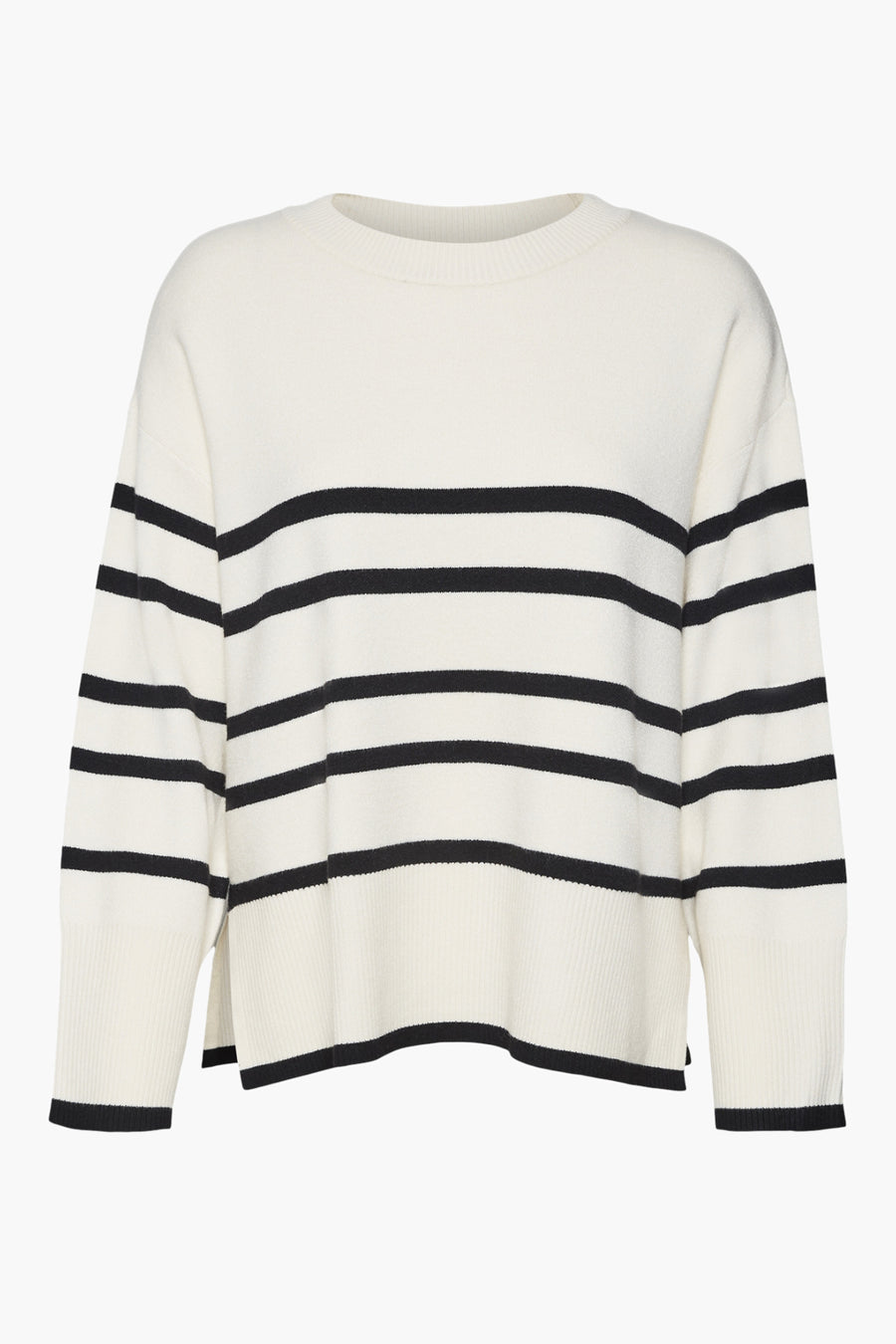 Beige trui met zwarte strepen van VERO MODA, lange mouwen, losse pasvorm.