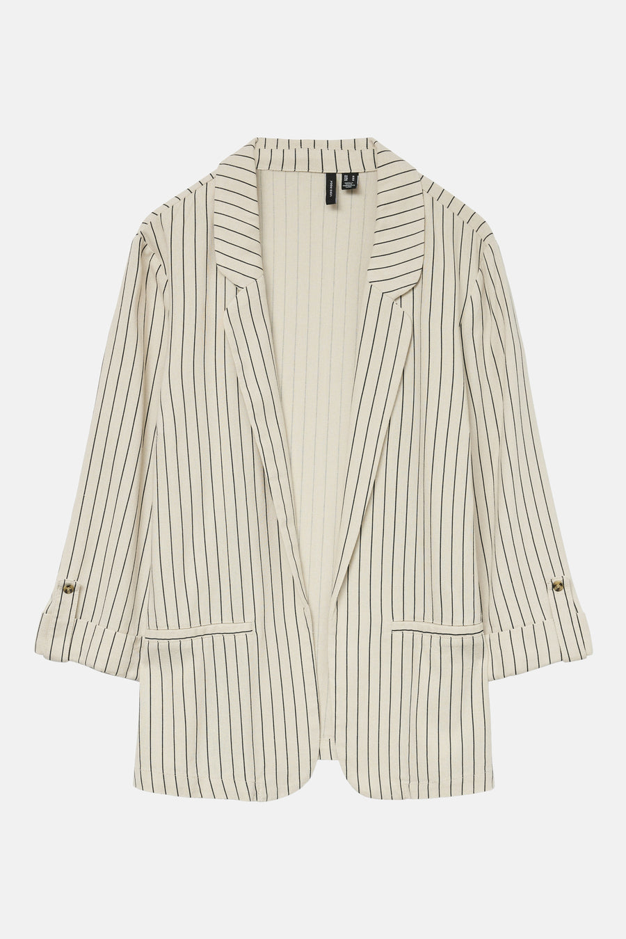 Blazer beige à rayures noires de VERO MODA, avec manches trois-quarts retroussées et poches plaquées.