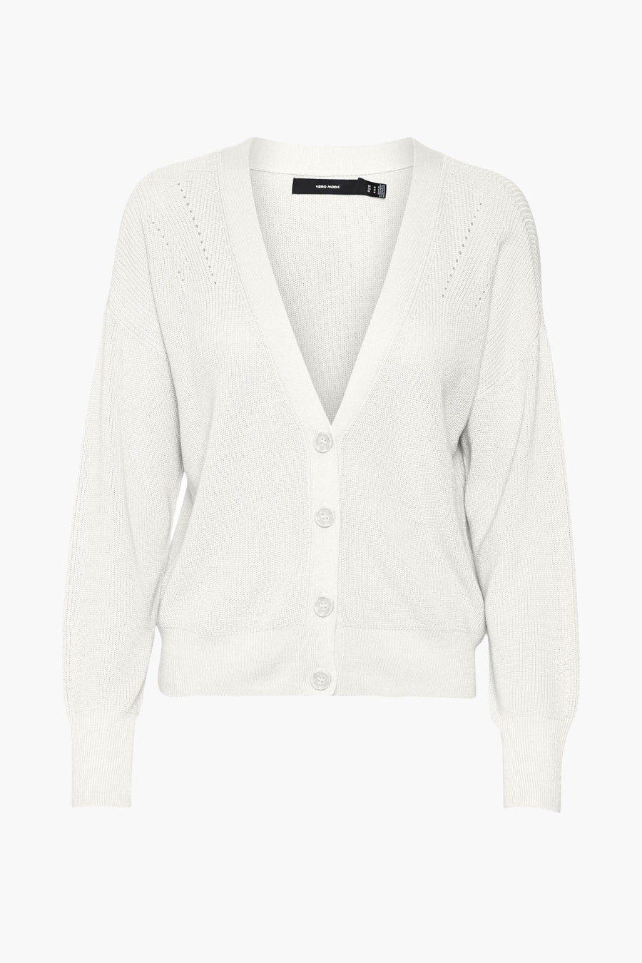 Gilet blanc de VERO MODA avec encolure en V, manches longues et fermeture boutonnée.