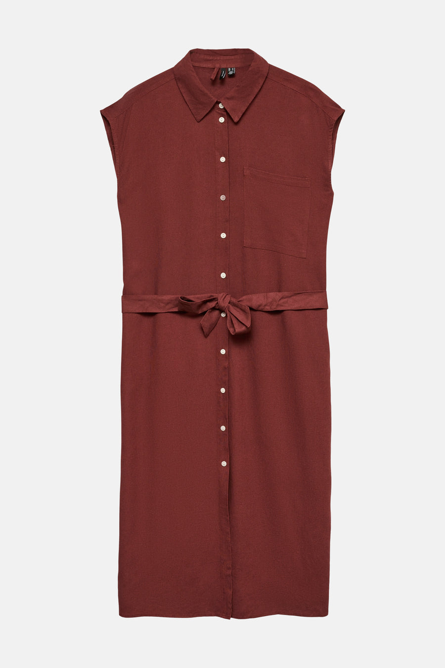 Bakstenen jurk van VERO MODA®, met kraag, korte mouwen, strikceintuur en knopen aan de voorkant.