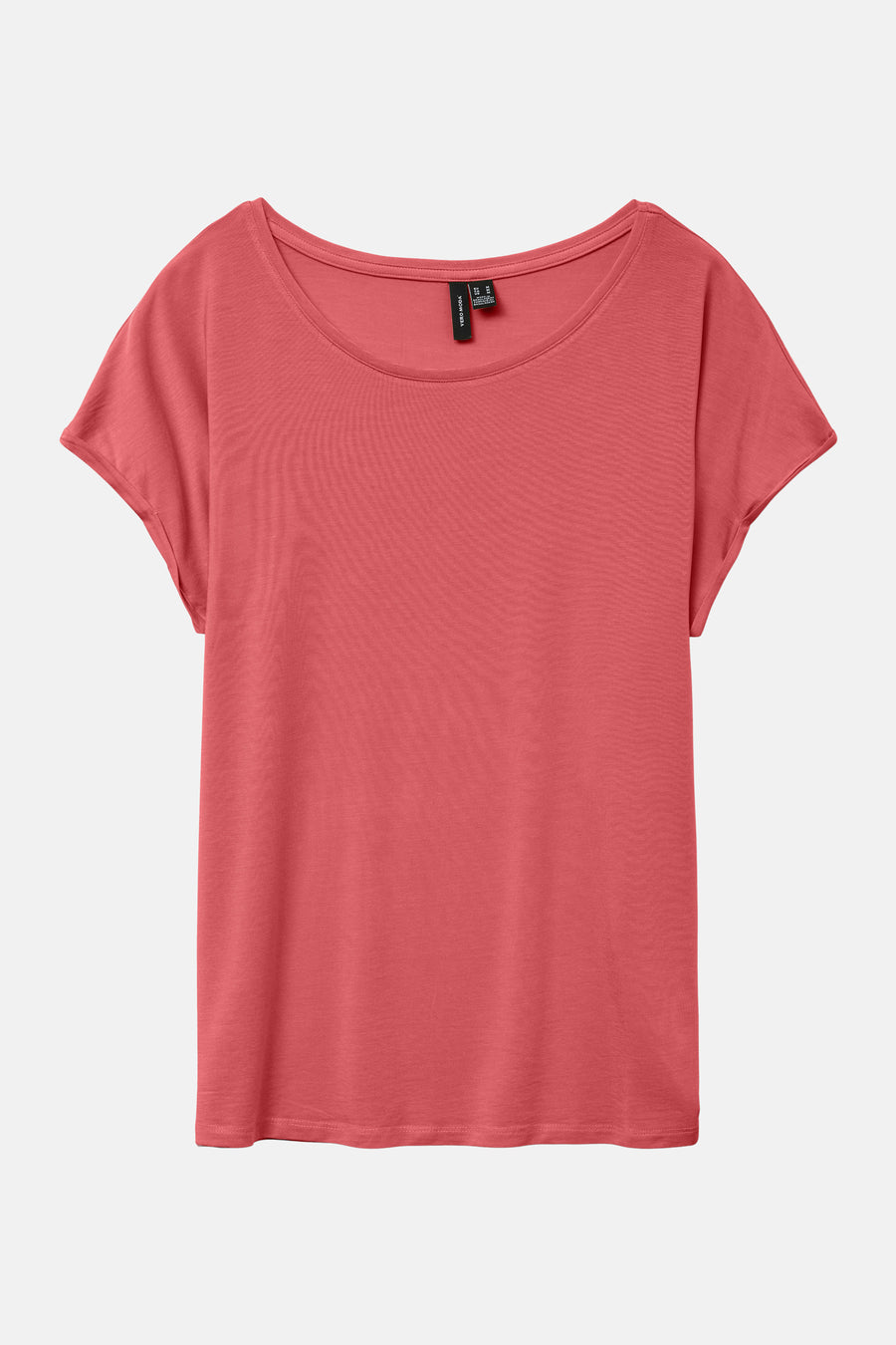 Koraalkleurig T-shirt met korte mouwen van Vero Moda, relaxte pasvorm op een effen achtergrond.