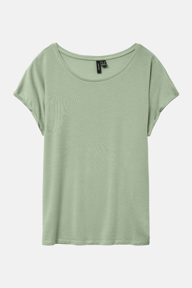 Groen T-shirt met korte mouwen van Vero Moda, effen kleur en relaxte pasvorm.