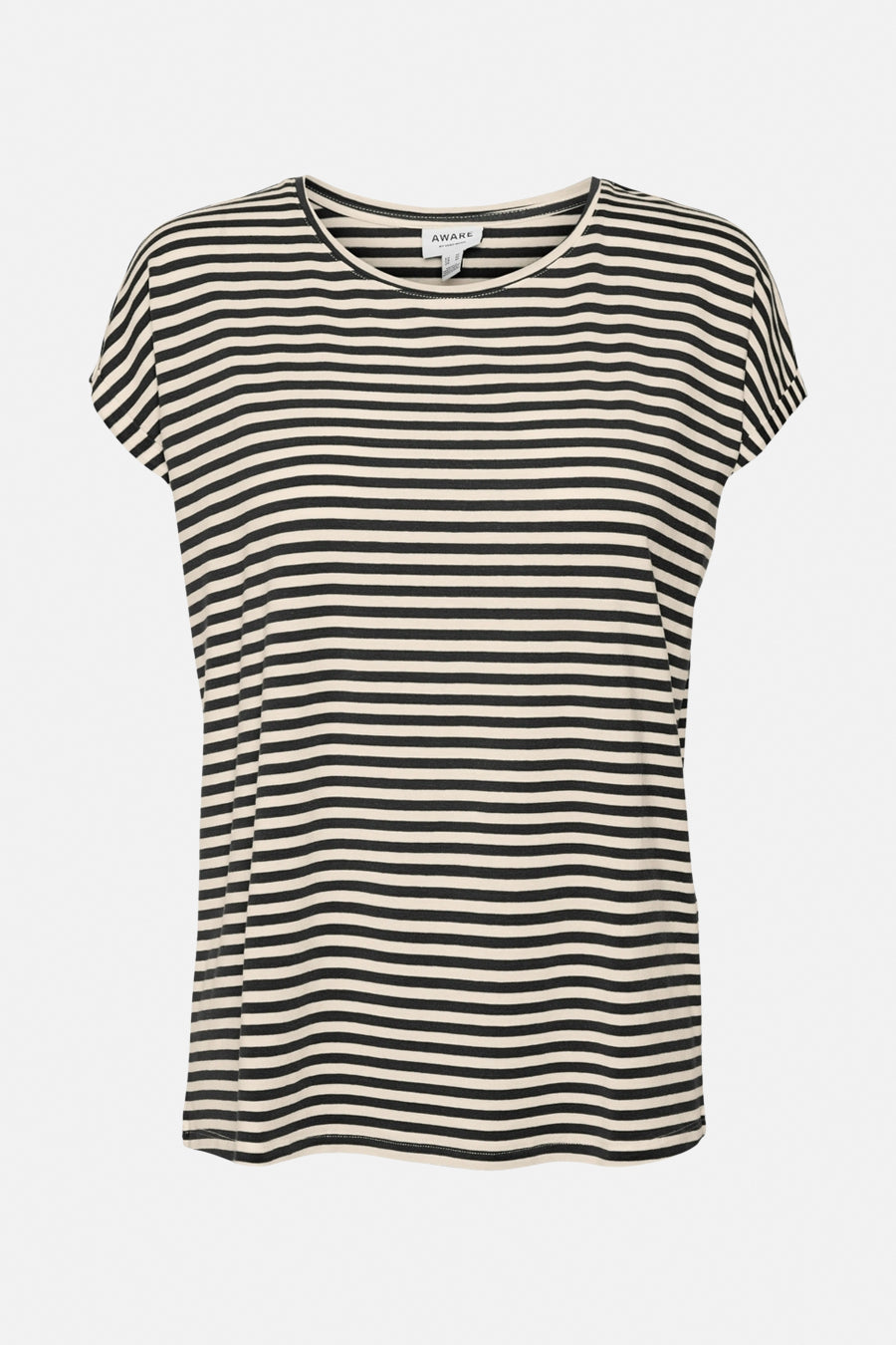 Zwart gestreept T-shirt van VERO MODA®, met korte mouwen en ronde hals.