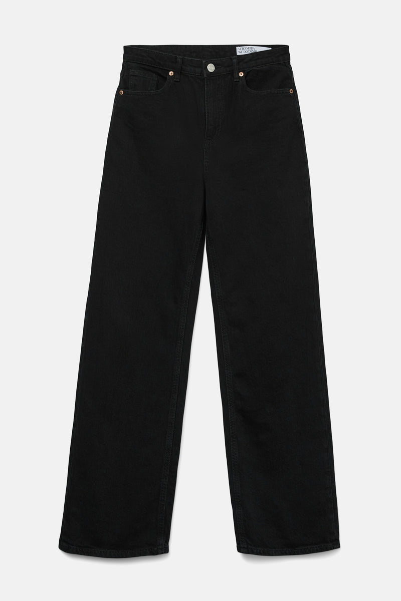 Jean droit noir en denim par VERO MODA, coupe large, poches classiques et finitions soignées.