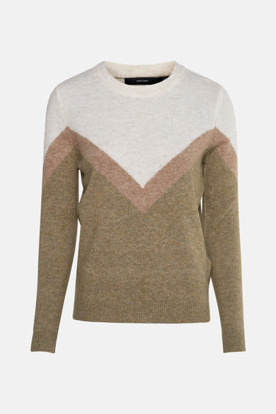 Pull à col rond multicolore de Vero Moda avec motif en chevron et texture tricotée.