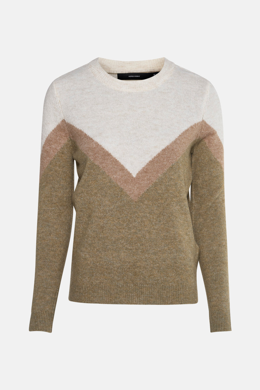 Pull à col rond multicolore de Vero Moda avec motif en chevron et texture tricotée.