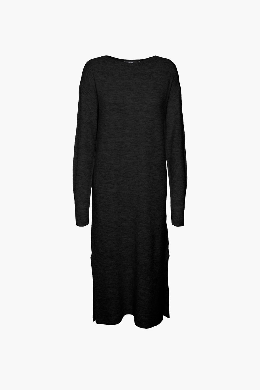 Zwarte midi-jurk van VERO MODA, rechte pasvorm met lange mouwen en fijne gebreide stof.