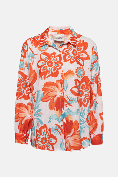 Multikleuren blouse met lange mouwen van Terra di Siena, met oranje en turquoise bloemenpatroon.