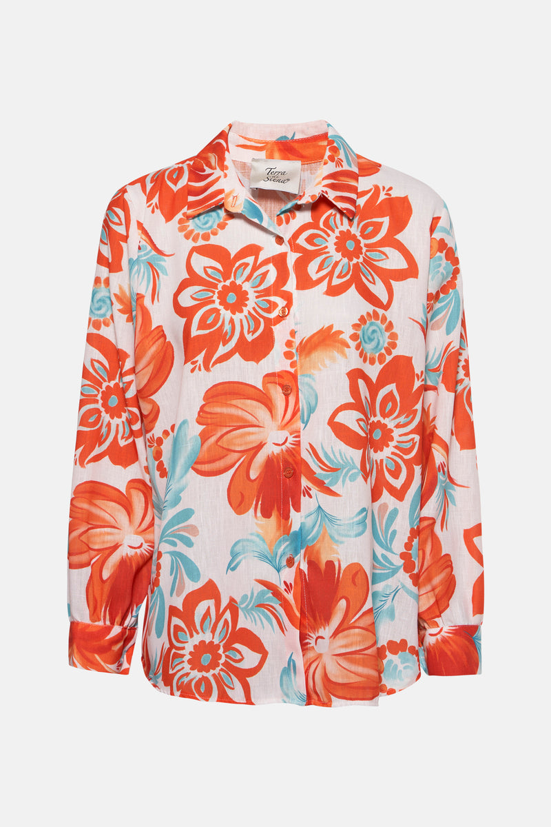 Multikleuren blouse met lange mouwen van Terra di Siena, met oranje en turquoise bloemenpatroon.