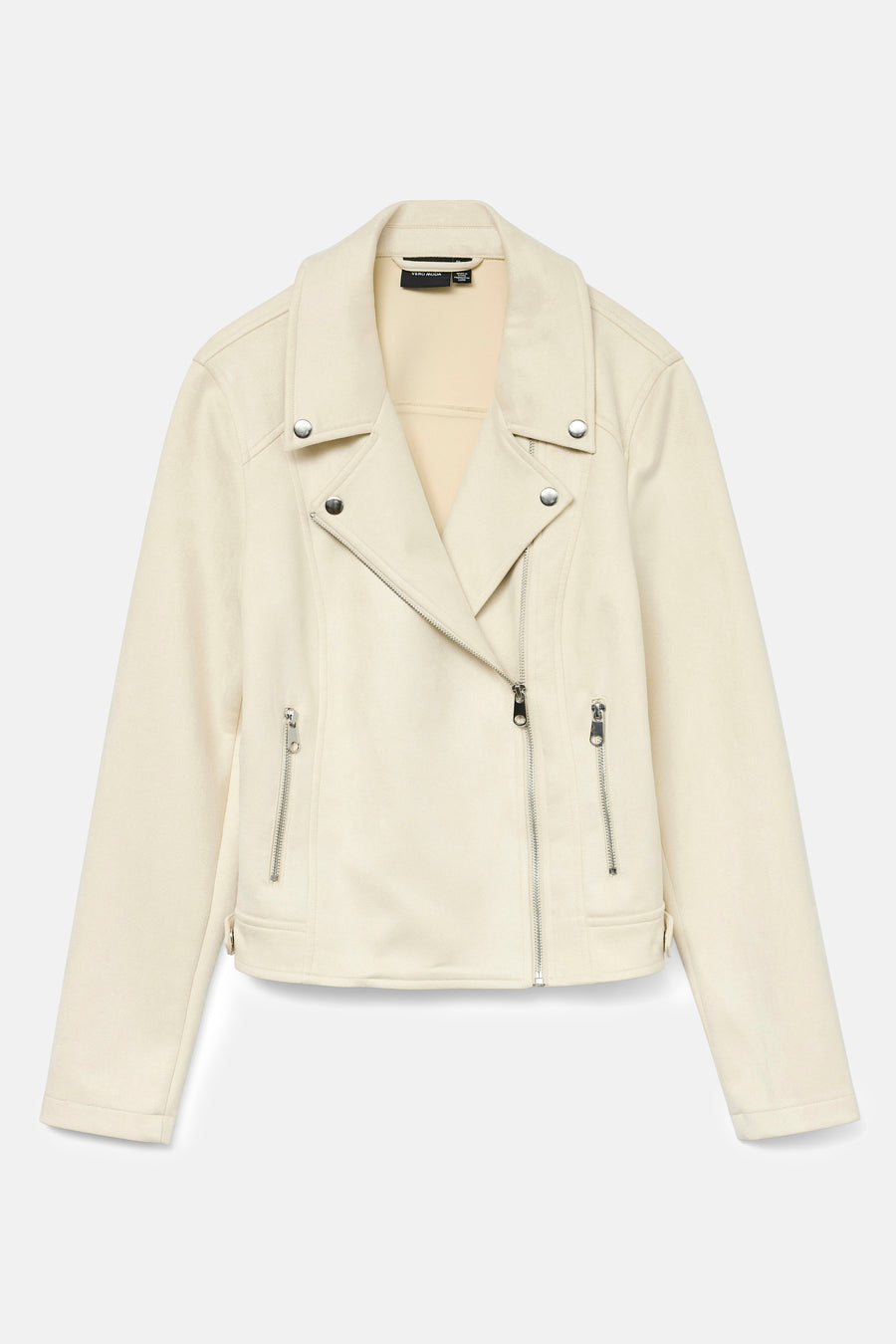 Veste en simili cuir beige de Vero Moda avec fermeture éclair asymétrique et détails de rivets argentés.