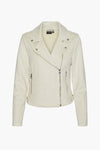 Veste en similicuir beige de Vero Moda avec fermeture éclair asymétrique et détails argentés.