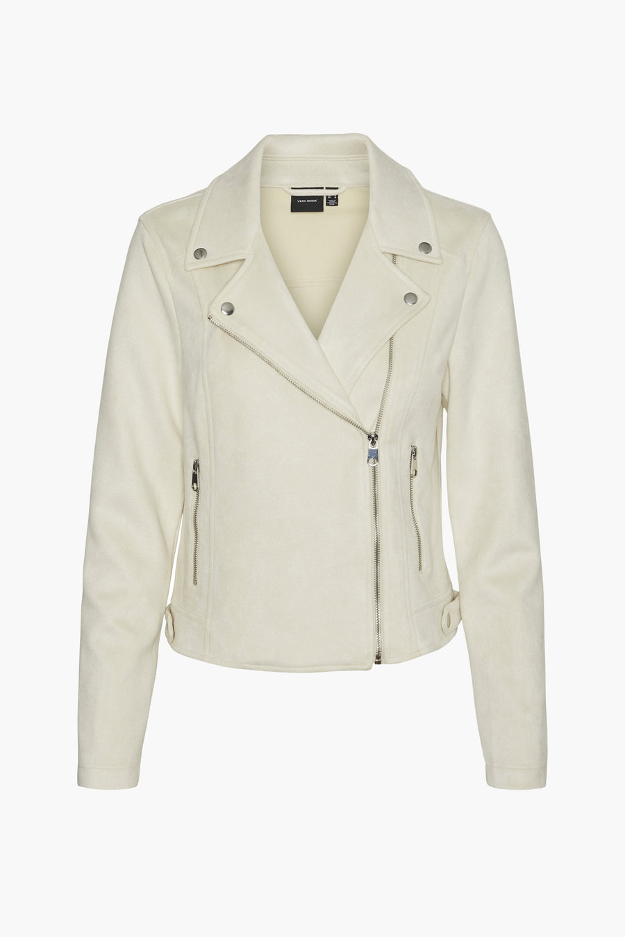 Veste en similicuir beige de Vero Moda avec fermeture éclair asymétrique et détails argentés.