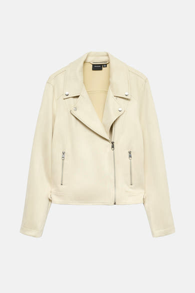 Veste en similicuir beige de VERO MODA, avec fermeture éclair asymétrique et poches zippées.