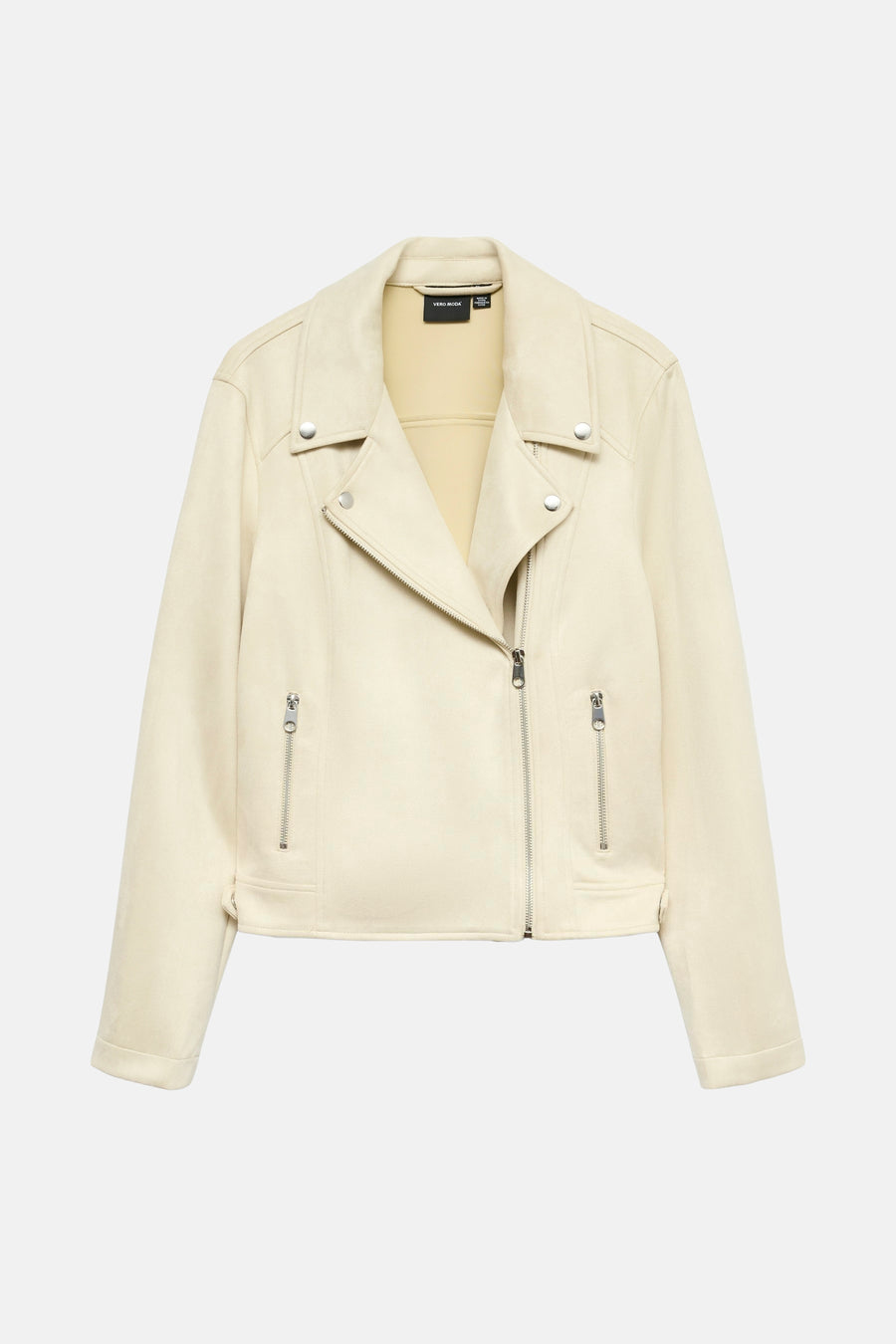 Veste en similicuir beige de VERO MODA, avec fermeture éclair asymétrique et poches zippées.