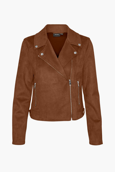 Veste marron en simili cuir de Vero Moda, avec fermeture éclair asymétrique et poches zippées.