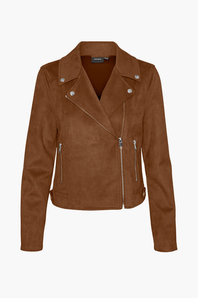Veste marron en simili cuir de VERO MODA, avec fermeture éclair asymétrique et détails de boutons argentés.