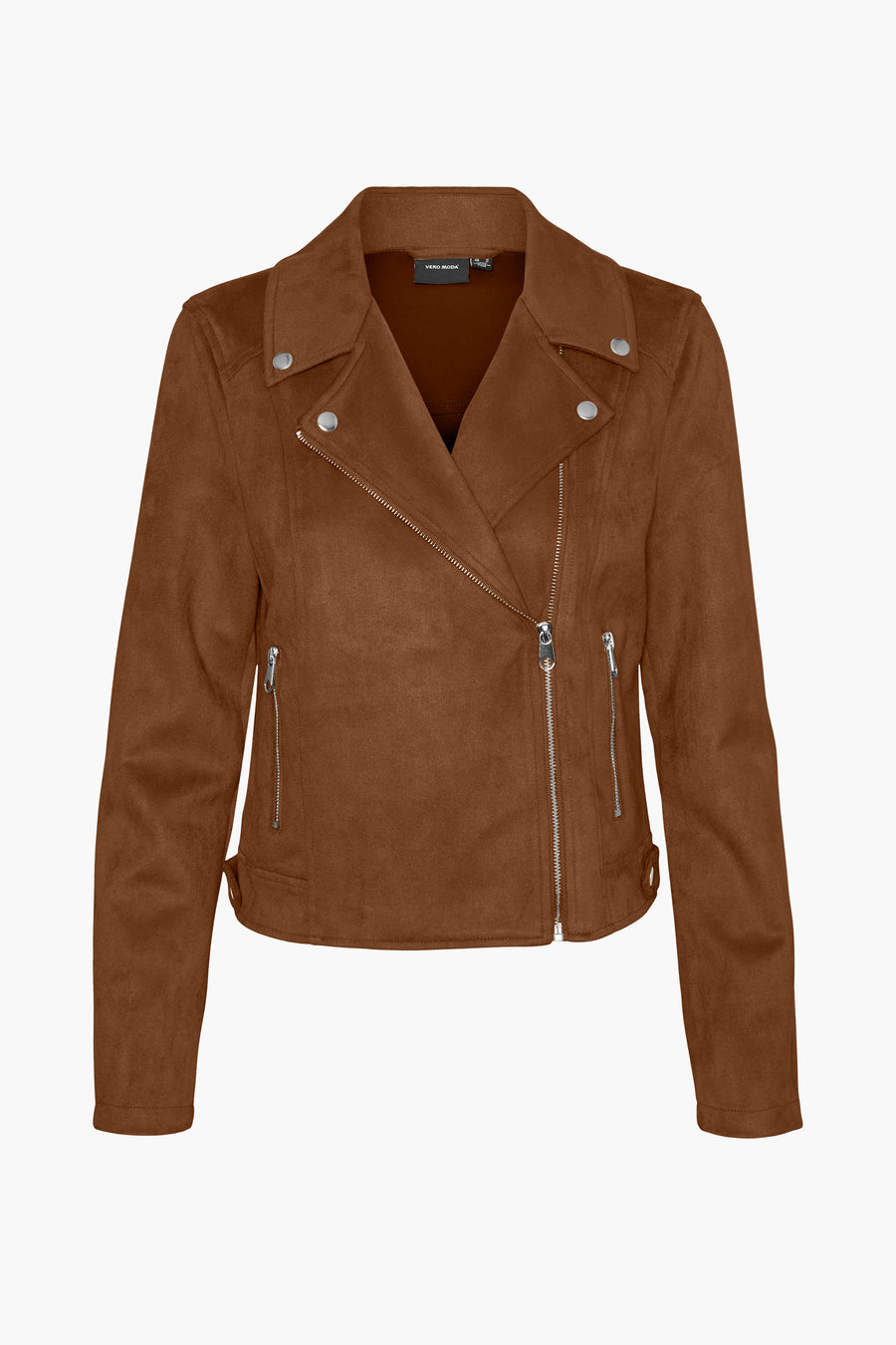 Veste marron en simili cuir de VERO MODA, avec fermeture éclair asymétrique et détails de boutons argentés.