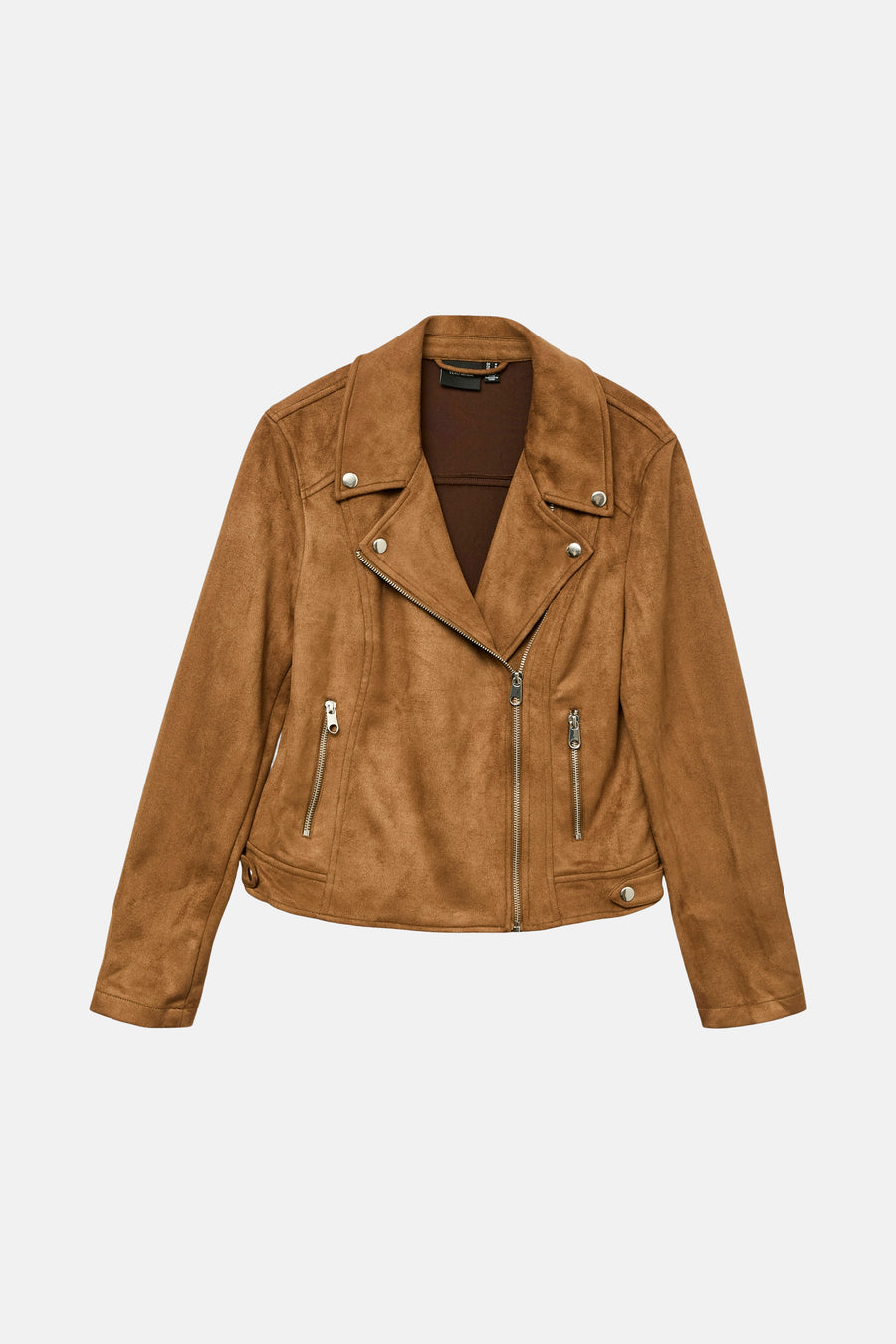 Veste marron en simili cuir de VERO MODA, avec fermeture éclair asymétrique et poches zippées.