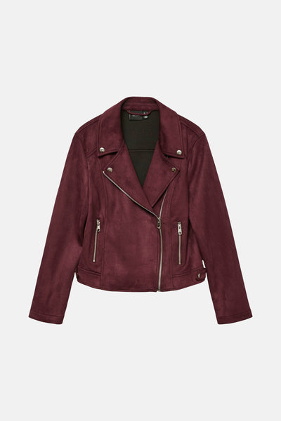 Veste en simili cuir rouge de VERO MODA avec fermeture éclair asymétrique et boutons-pression argentés.