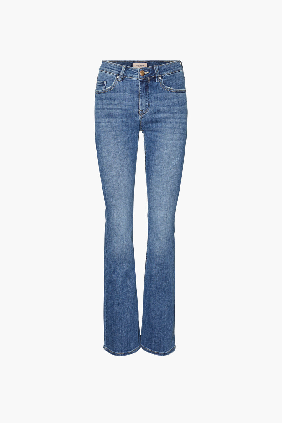 Jean évasé bleu moyen de VERO MODA, avec une subtile texture délavée et une coupe bootcut classique.
