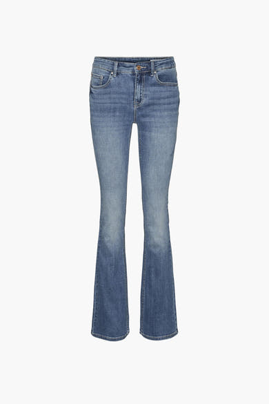 Jean évasé bleu moyen de Vero Moda, en denim, avec une taille mi-haute et une coupe classique.
