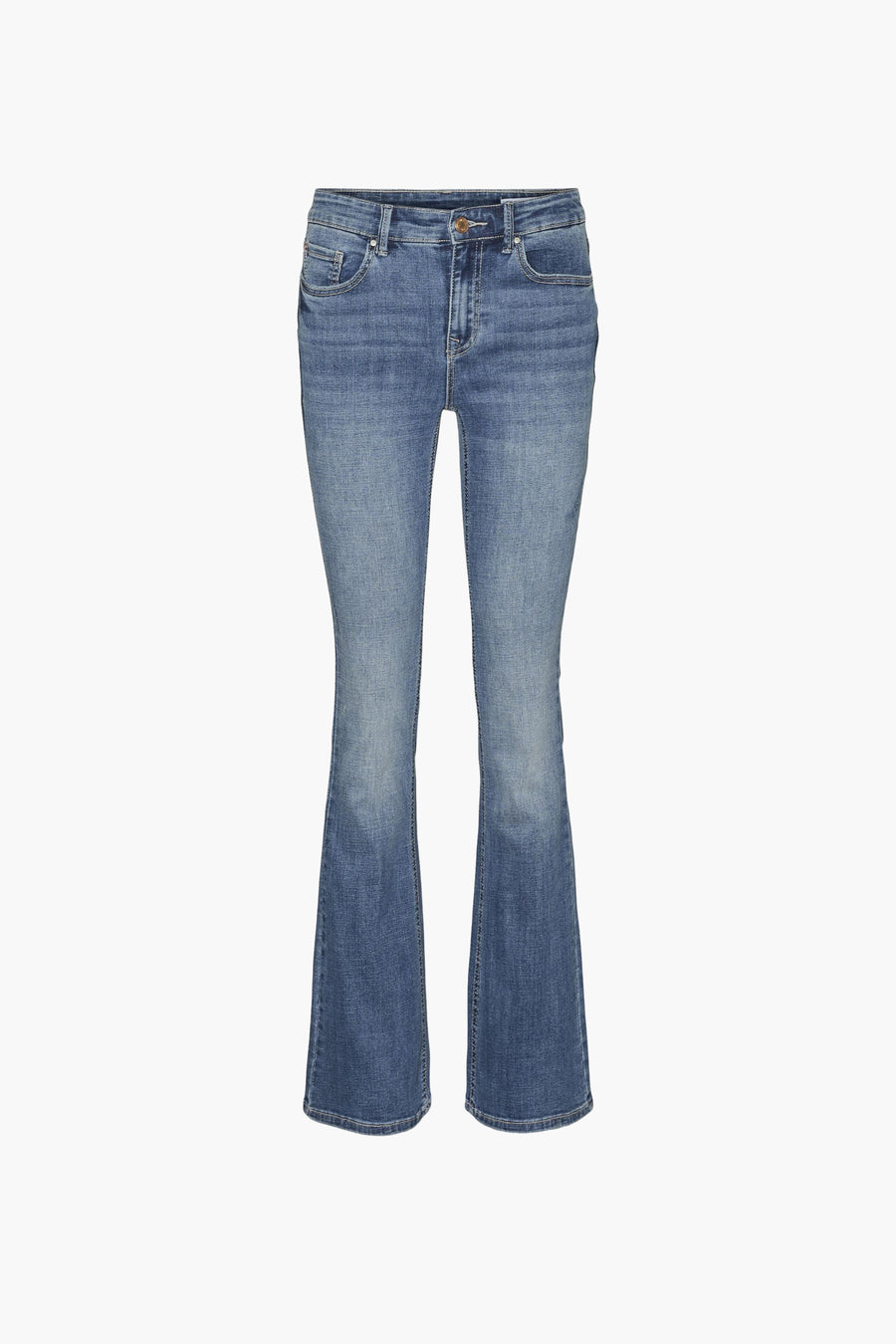 Jean évasé bleu moyen de Vero Moda, en denim, avec une taille mi-haute et une coupe classique.
