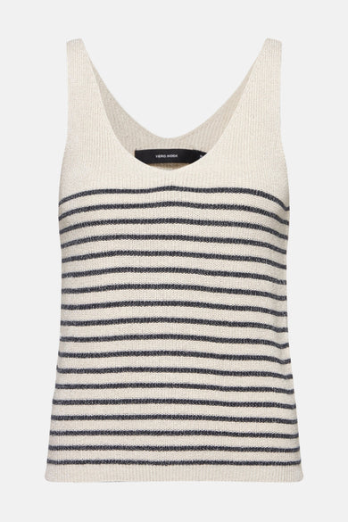 Beige top met fijne strepen, van VERO MODA, in glinsterende gebreide stof en merklabeldetail.
