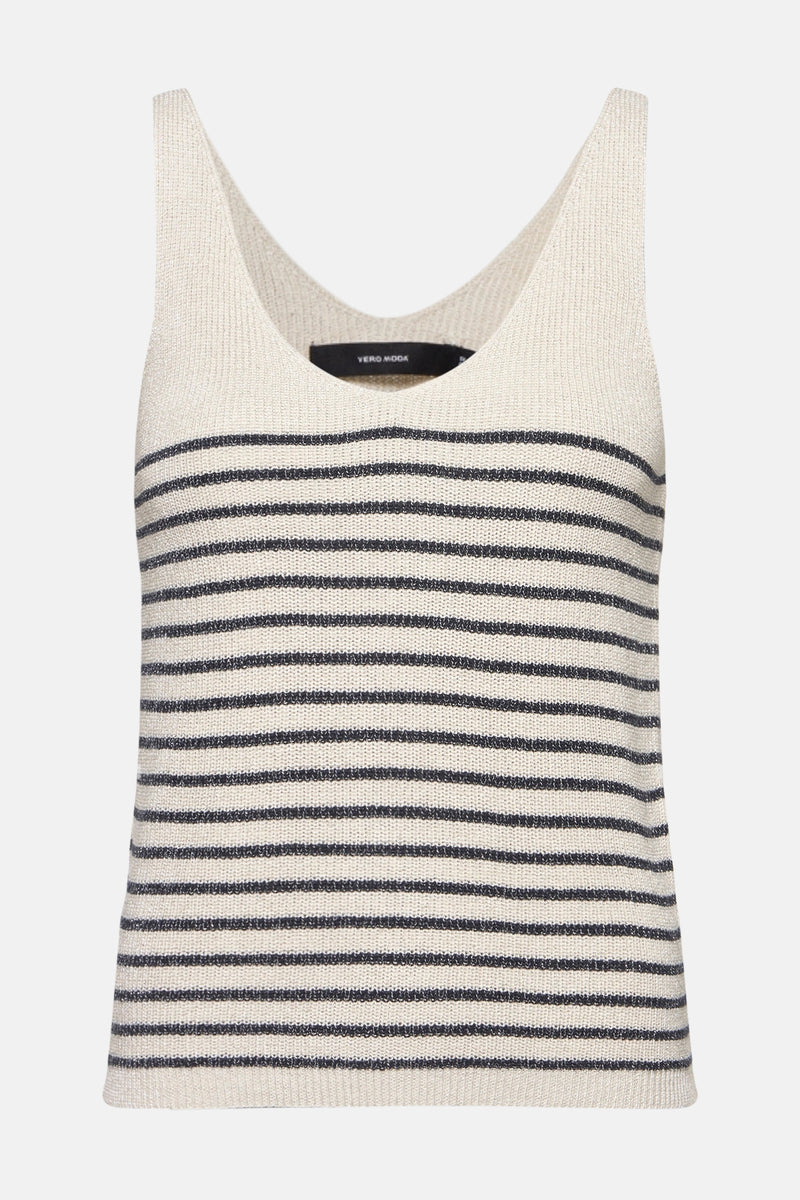 Beige top met fijne strepen, van VERO MODA, in glinsterende gebreide stof en merklabeldetail.