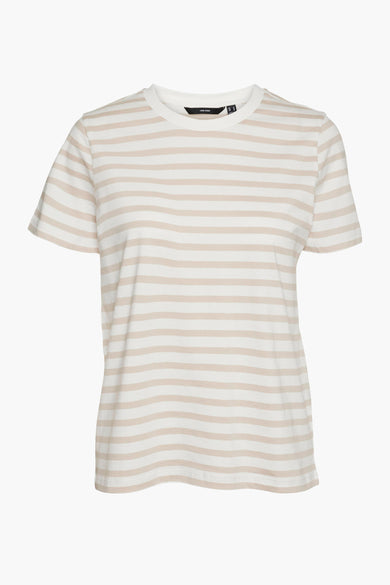 Beige and white striped short-sleeve T-shirt by Vero Moda, round neckline, front view, soft knit fabric