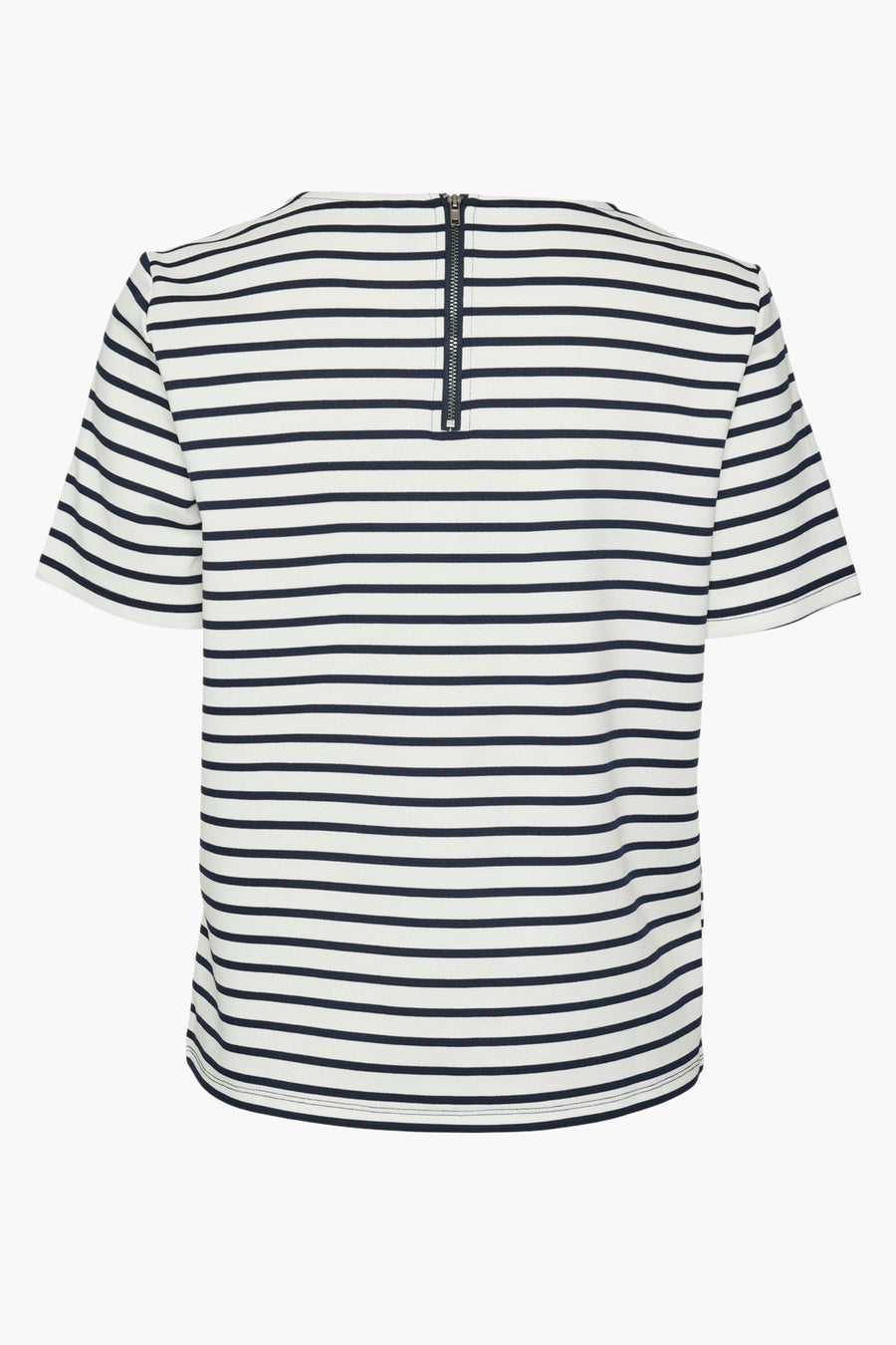 Blauw-wit gestreept T-shirt met korte mouwen van VERO MODA®, met ritssluiting aan de achterkant.