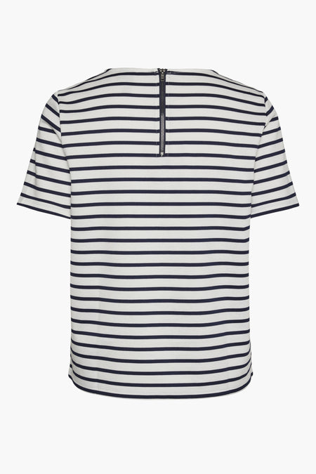 T-shirt à rayures bleu et blanc de Vero Moda, avec fermeture éclair à l'arrière.