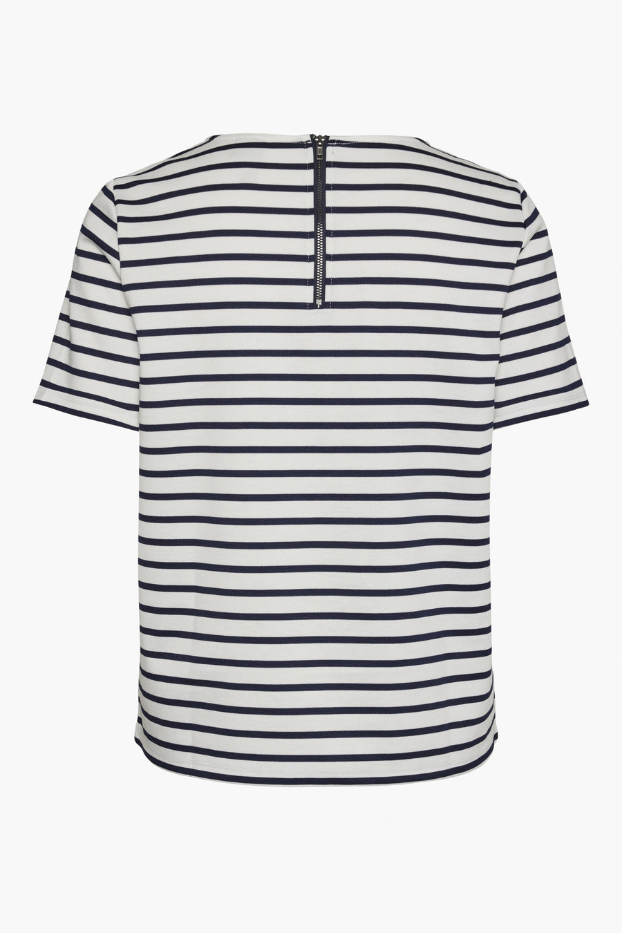 T-shirt à rayures bleu et blanc de Vero Moda, avec fermeture éclair à l'arrière.