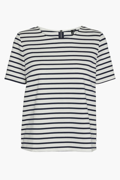 Marineblauw en wit gestreept T-shirt van Vero Moda, met onopvallende ritssluiting aan de achterkant.
