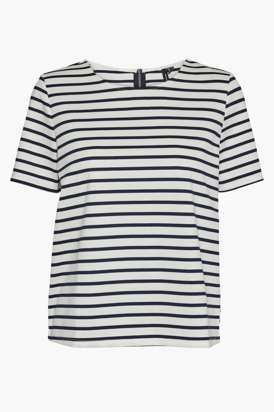 Marineblauw en wit gestreept T-shirt van Vero Moda, met onopvallende ritssluiting aan de achterkant.