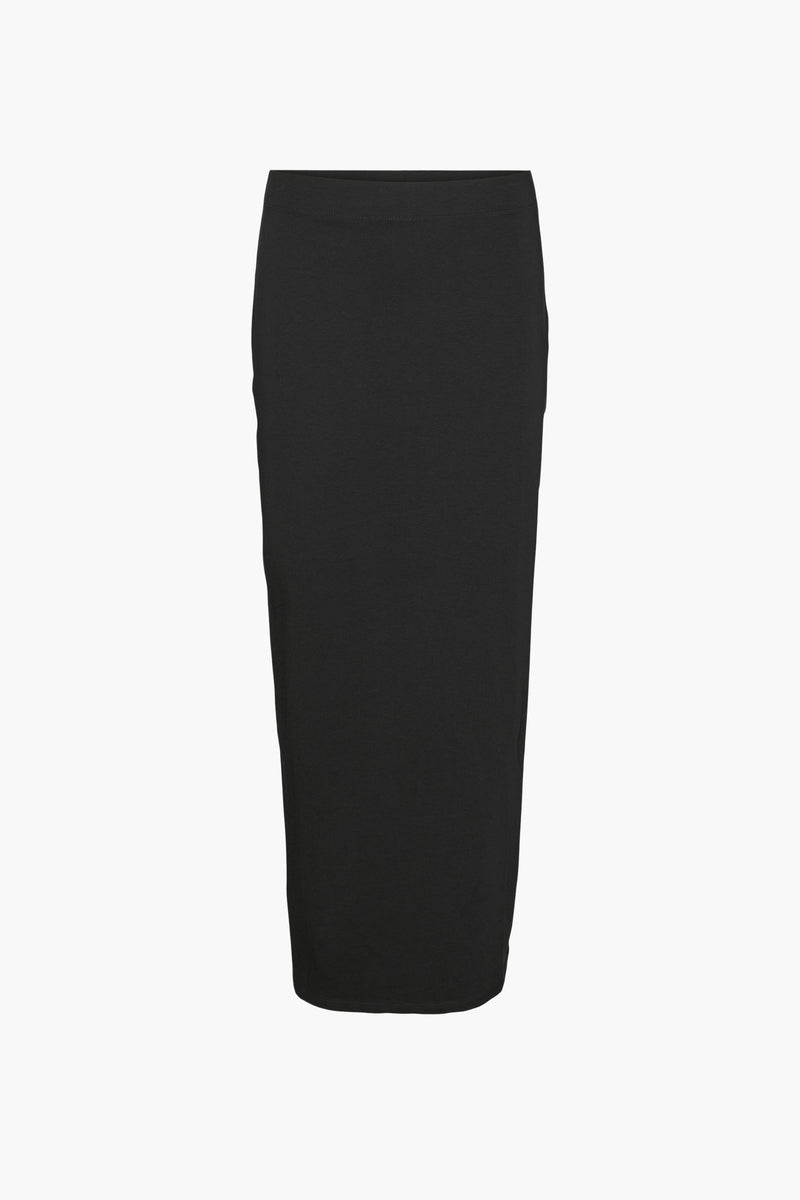 Black long pencil skirt with smooth stretch fabric, front view, casual style