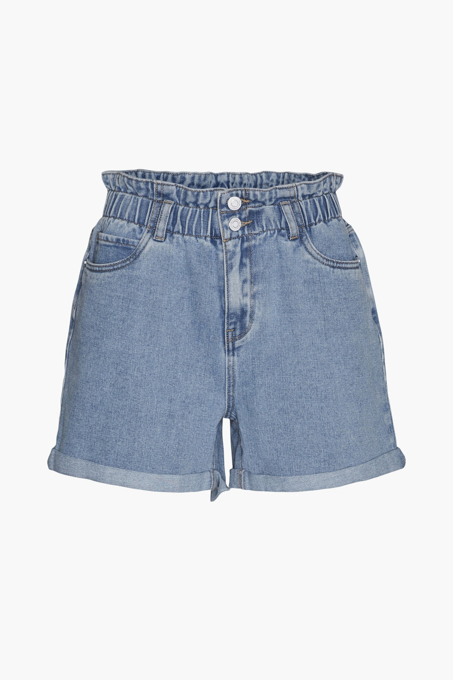 Short en jean bleu clair de VERO MODA, avec une taille élastique et des ourlets revers.