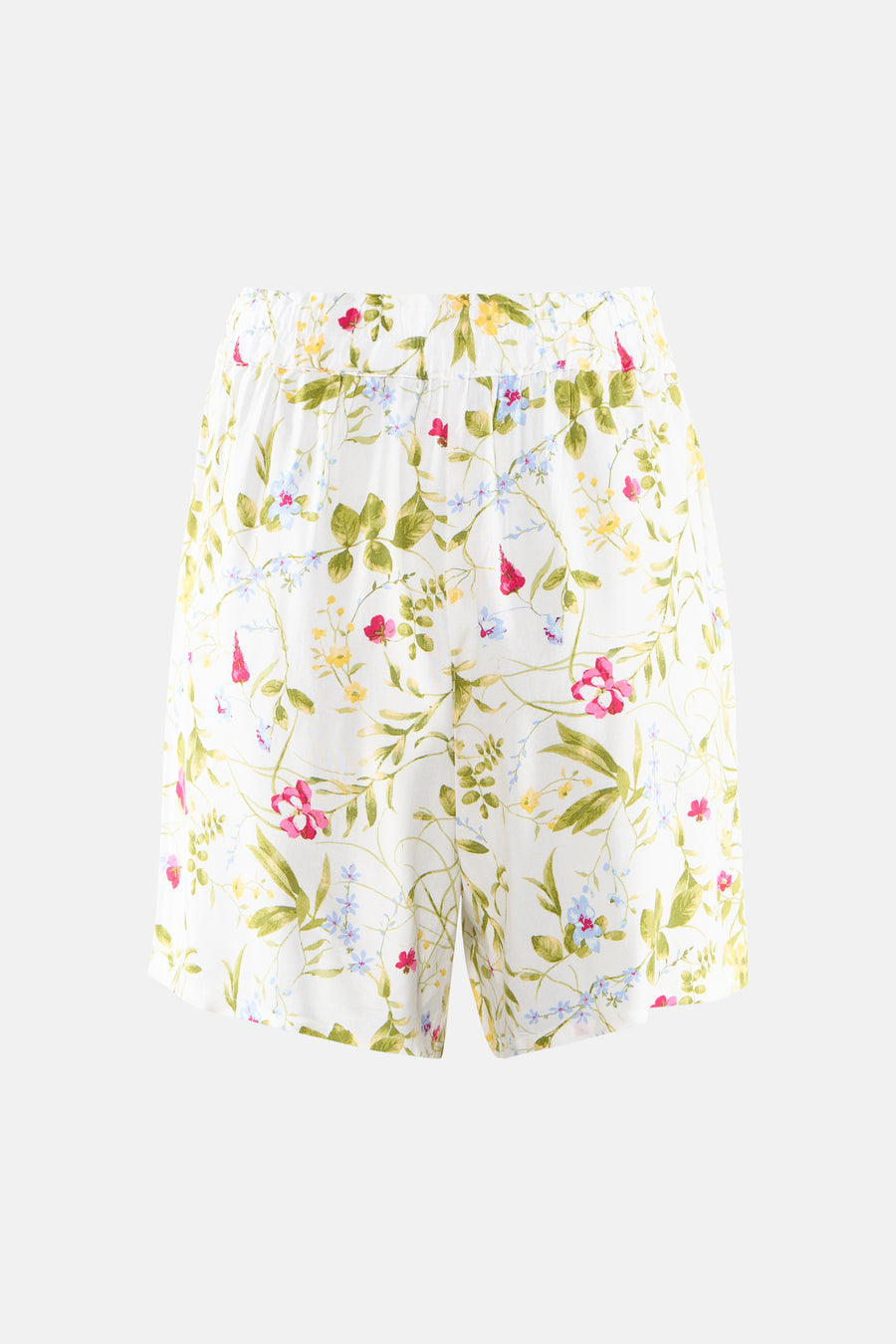 Short blanc de VERO MODA® à motif floral multicolore avec des fleurs roses, jaunes et bleues, taille élastique.