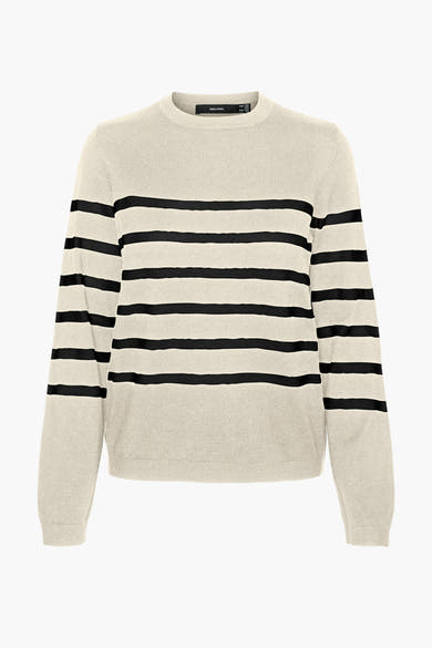 Pull à col rond écru de VERO MODA, à rayures horizontales noires sur fond neutre.