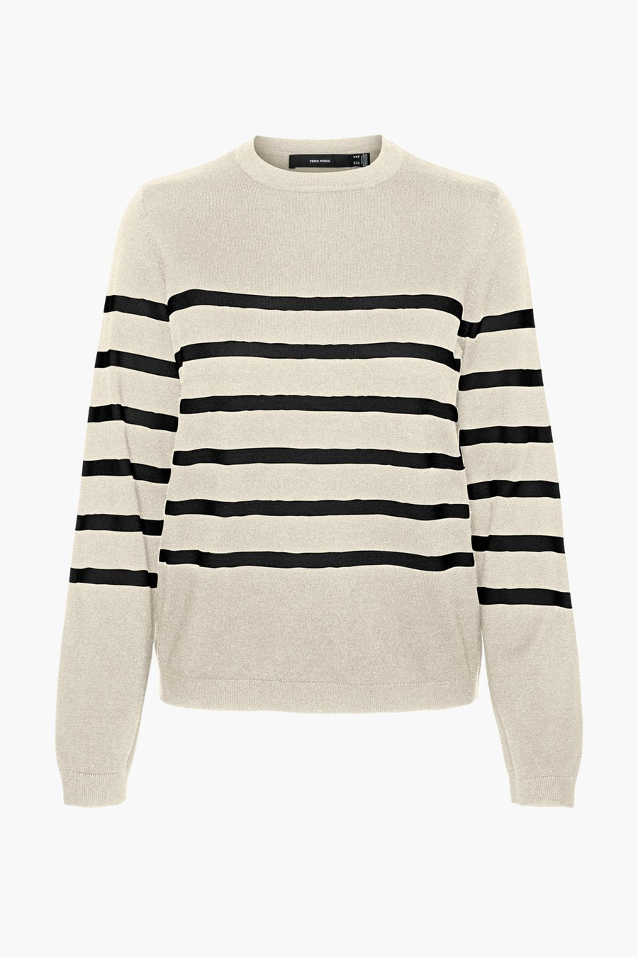 Pull à col rond écru de VERO MODA, à rayures horizontales noires sur fond neutre.