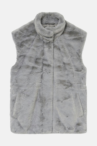 Veste sans manches grise en fausse fourrure par VERO MODA®, avec un col montant et une fermeture boutonnée.
