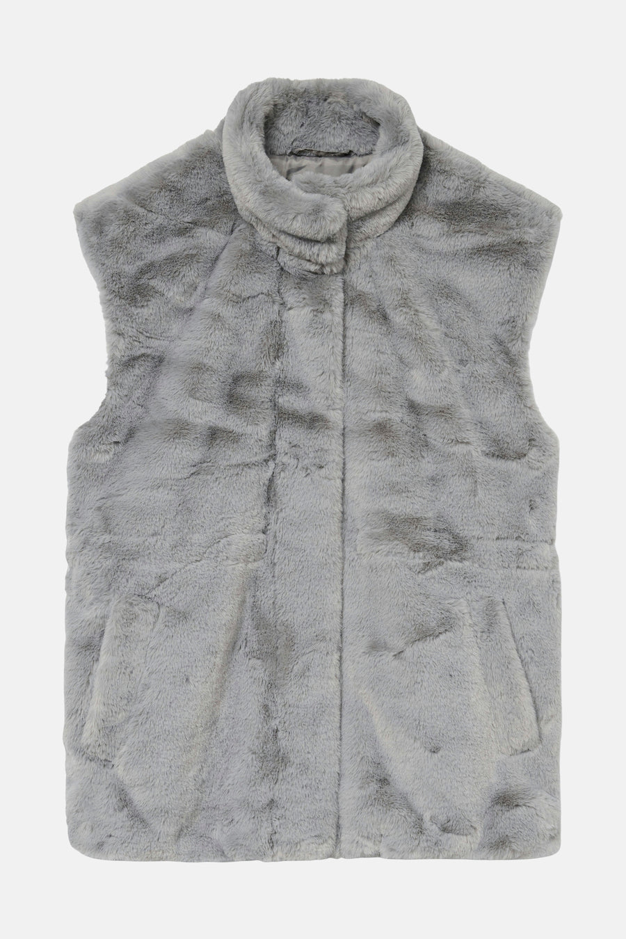 Veste sans manches grise en fausse fourrure par VERO MODA®, avec un col montant et une fermeture boutonnée.
