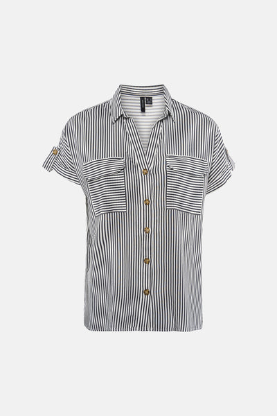 Black and white striped short-sleeve blouse by Vero Moda, featuring front buttons, two chest pockets, and rolled cuffs, shown front view.