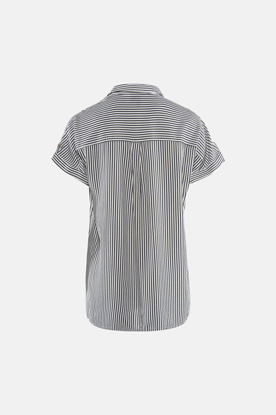 Black and white striped short-sleeve blouse with vertical pleats, back view, relaxed fit.