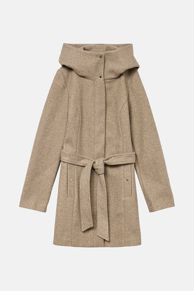 Lange beige jas van VERO MODA® met capuchon en strikceintuur, paspelzakken.