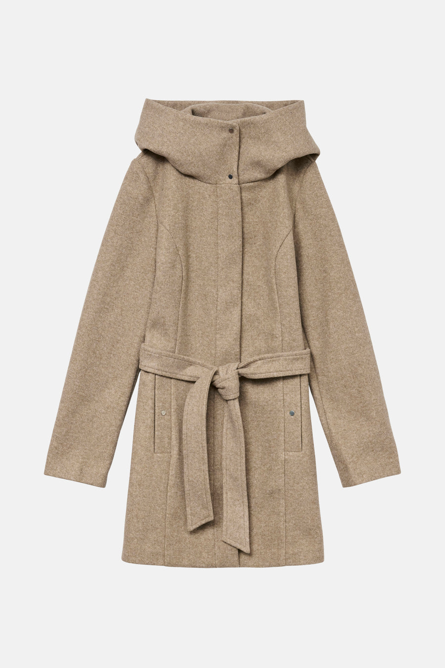 Lange beige jas van VERO MODA® met capuchon en strikceintuur, paspelzakken.