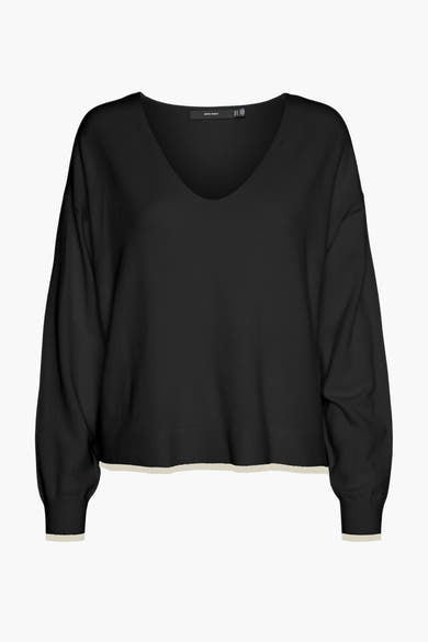 Zwarte V-hals trui van VERO MODA met contrasterende bies aan de zoom en manchetten.
