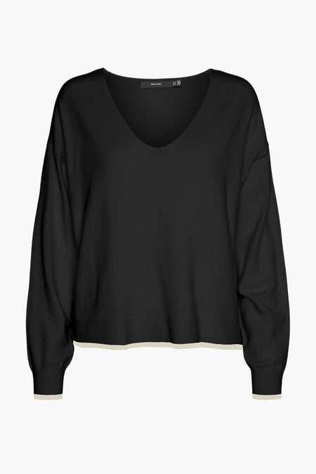 Zwarte V-hals trui van VERO MODA met contrasterende bies aan de zoom en manchetten.